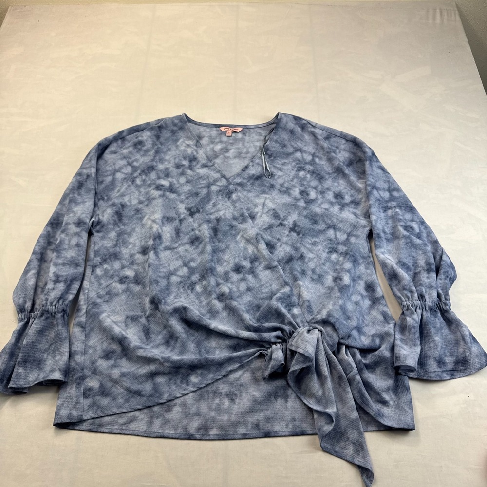 Juicy Couture Wrap Top Womens Large Blue Tie Dye Bell Sleeve V-Neck Tie Front